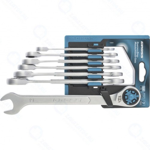 Набор комбинированных ключей GROSS 14859 трещоточных, СRV, 7 шт., 8- 19мм