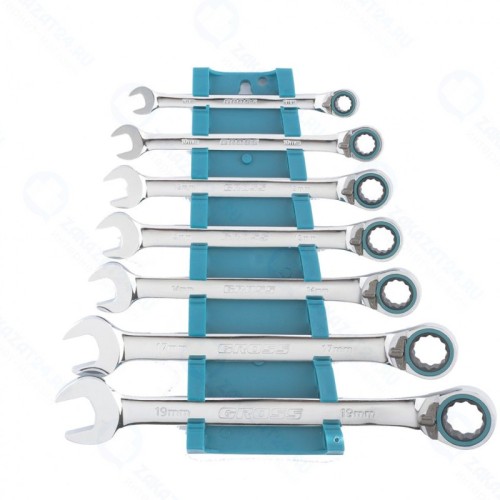 Набор комбинированных ключей GROSS 14892 с трещоткой, 8 - 19 мм, 7шт., реверсивные, CrV