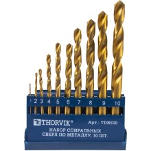 Набор спиральных сверл по металлу THORVIK TDBS10, HSS TiN, d1.0-10.0 мм, 10 предметов