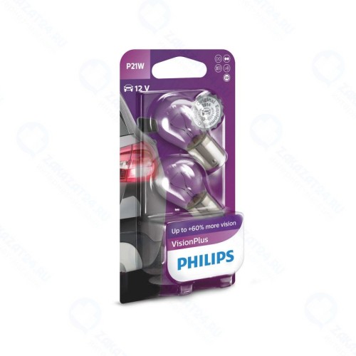 Лампа автомобильная PHILIPS VisionPlus P21W (BA15s)+60% (бл. 2шт) 12V, 12498VPB2