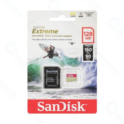 Карта памяти micro SDXC 128Gb Sandisk Extreme Action Camera UHS-I U3 V30 A2 + ADP (160/90 MB/s)