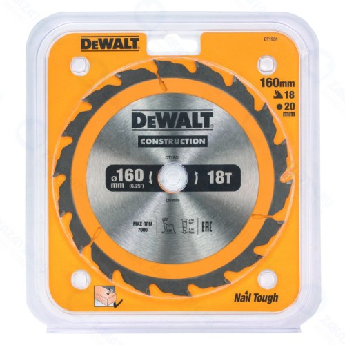Диск пильный по дереву DeWALT Construct DT1931 [160*20мм, 18T, ATB +20°]