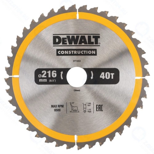 Диск пильный по дереву с гвоздями DeWALT Construction DT1953 [216*30мм, 40T, ATB -5°]