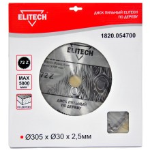 Диск пильный ELITECH ф 305мм х30 мм х2,5мм, 72 зуб, д\дерева Диск пильный ELITECH ф 305мм х30 мм х2,5мм, 72 зуб, д\дерева