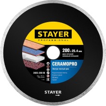 Алмазный диск STAYER CERAMO-25 200 мм, по керамограниту, мрамору, керамической плитке, граниту (200х25.4 мм, 5х2.49 мм)