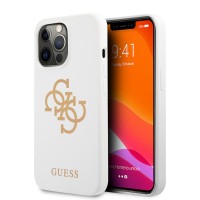 Чехол CG-MOBILE Guess LIQUID SILICONE BIG 4G GOLD LOGO PRINT для iPhone 13 Pro, белый