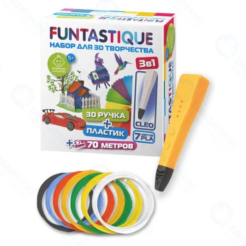 Набор для 3D творчества Funtastique 4 в 1, 3D ручка Cleo оранжевая, с подставкой + PLA 7 цветов + книга трафаретов (4-1-FPN04O-PLA-7-SB)