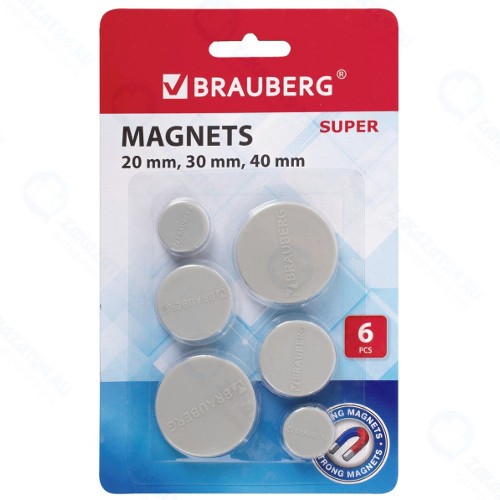 Набор магнитов Brauberg Super, 20 мм х 2 шт, 30 мм х 2 шт, 40 мм х 2 шт, серые (237481)