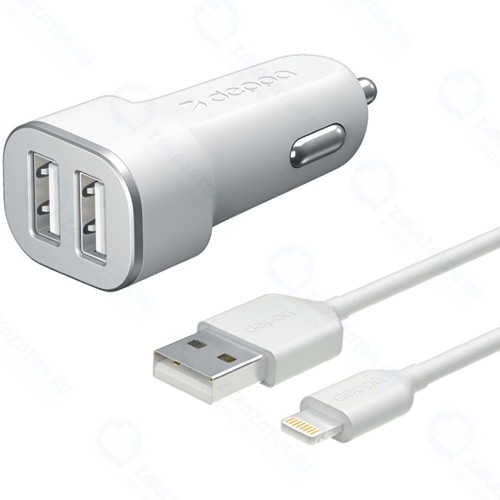 Автомобильное зарядное устройство Deppa для Apple 2 USB 2.4А + кабель Lightning MFI White (11291)