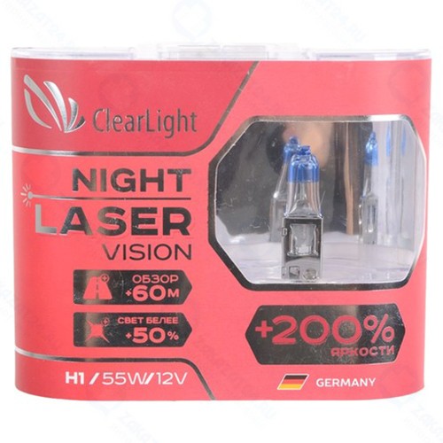 Лампа автомобильная галогенная Clearlight H1 12V-55W Night Laser Vision + 200%, 2 шт (MLH1NLV200)