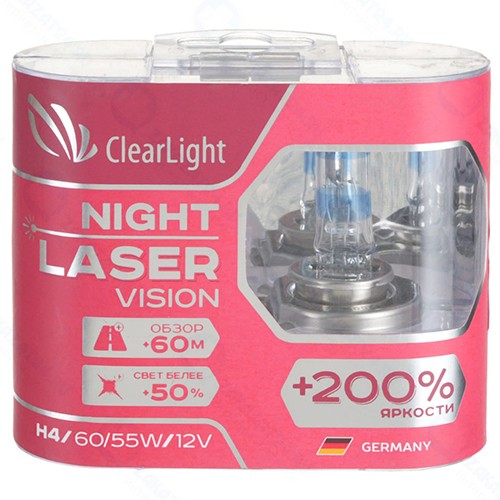 Лампа автомобильная галогенная Clearlight H4 12V-60/55W Night Laser Vision + 200%, 2 шт (MLH4NLV200)