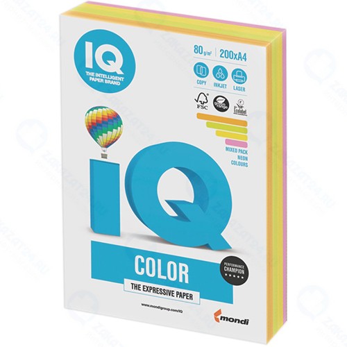 Цветная бумага для офиса IQ-COLOR А4, 80 г/м, 200 листов, микс неон (110690)