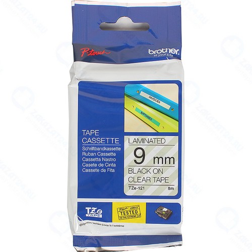Лента для печати наклеек Brother TZE121 черный на прозрачном фоне, 8 м