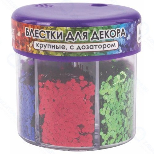 Блестки для декора ОСТРОВ-СОКРОВИЩ 6 цветов, крупные, шестигранные, диспенсер с дозатором (662227)