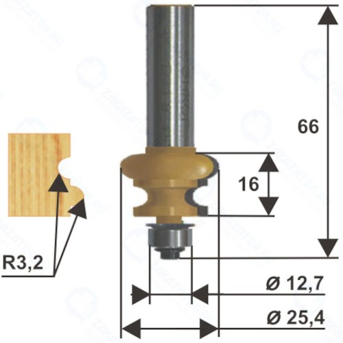 Фреза по дереву Энкор ф25,4х16 мм R3,2 мм, хвостовик 12 мм (10693)