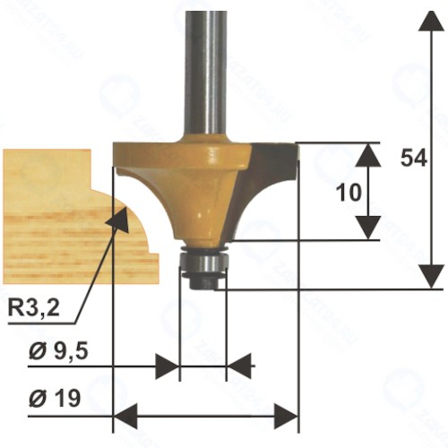 Фреза по дереву Энкор ф19х10 мм R3,2 мм, хвостовик 8 мм (9245)