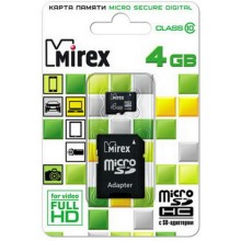 Карта памяти Mirex microSDHC 4Gb Class 10, SD адаптер (13613-AD10SD04)