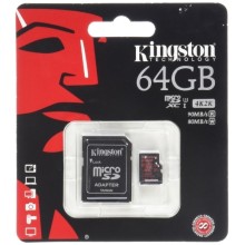 Карта памяти Kingston microSDXC 64Gb Class 10 UHS-I U3, SD адаптер (SDCA3/64GB)