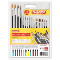 Набор кистей Пифагор 15 шт (пони 9 шт/синтетика 4 шт/щетина 2 шт) (200504)