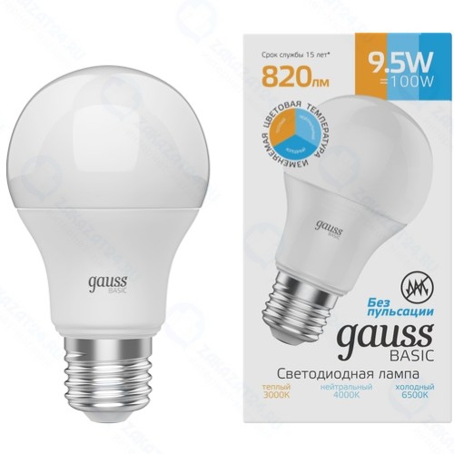 Светодиодная лампа Gauss Basic A60 9,5W 820lm 3000/4000/6500K Е27 (1023240)