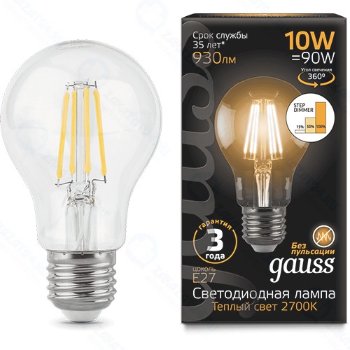 Светодиодная лампа Gauss Filament А60 10W 930lm 2700К Е27 (102802110-S)