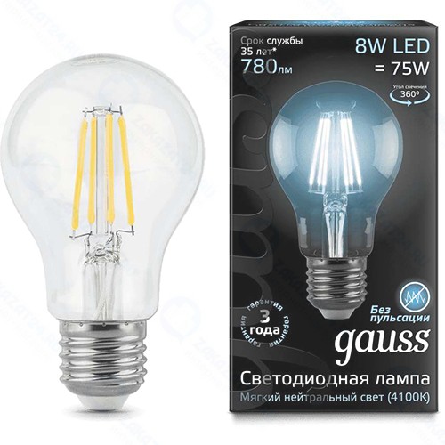 Светодиодная лампа Gauss Filament А60 8W 780lm 4100К Е27 (102802208)