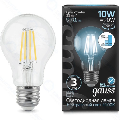 Светодиодная лампа Gauss Filament А60 10W 970lm 4100К Е27 (102802210-S)