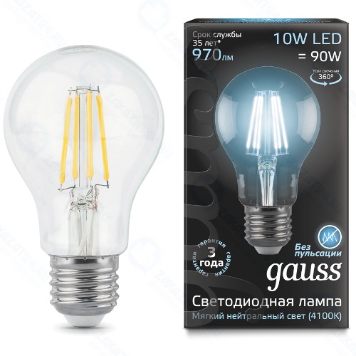 Светодиодные лампы Gauss Filament A60 E27 10W 970lm 4100К, 10 шт