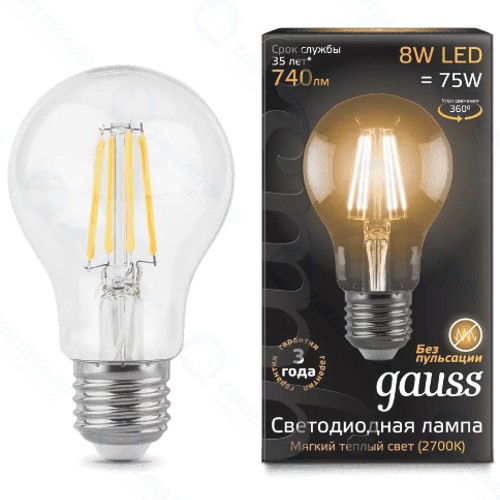 Светодиодные лампы Gauss Filament A60 E27 8W 740lm 2700К, 10 шт