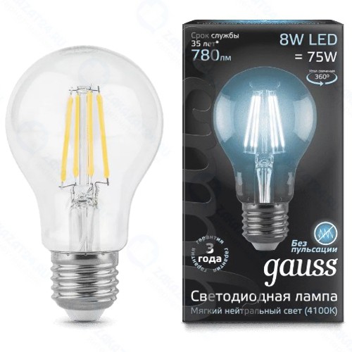 Светодиодные лампы Gauss Filament A60 E27 8W 780lm 4100К, 10 шт