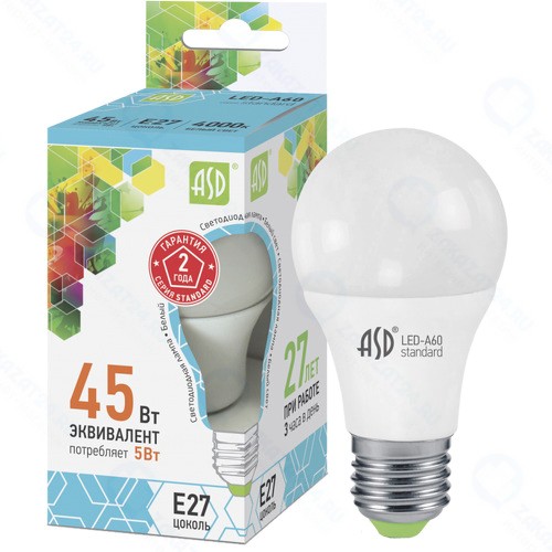 Светодиодная лампа Asd LED-A60-Standard-5-E27-400-4000