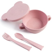 Набор детской посуды LITTLE-ANGEL Bear, миска с крышкой, ложка, вилка, розовый (LA2933РЗ)