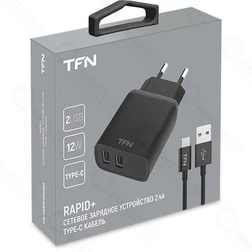 Сетевое зарядное устройство с кабелем TFN Rapid+ 2xUSB 2.4A + кабель USB-C, Black