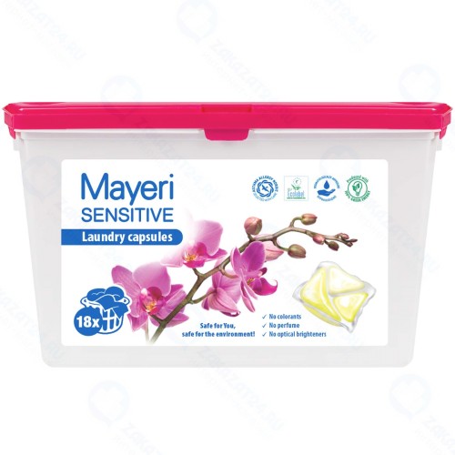 Капсулы для стирки MAYERI Sensitive Эко, 18 шт, коробка