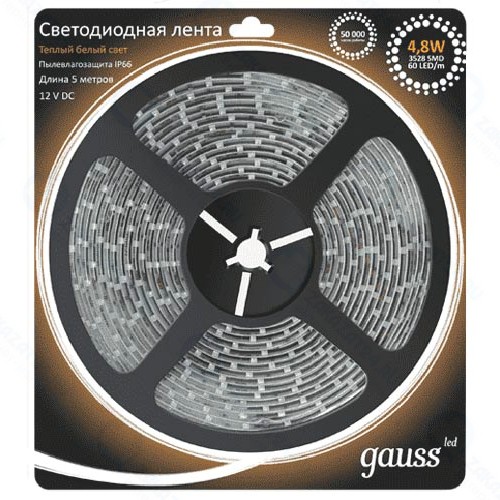 Светодиодная лента Gauss 2835/60-SMD 4,8W 12V DC 5m IP66 (311000105)
