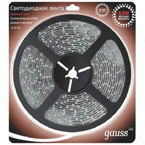 Светодиодная лента Gauss 2835/60-SMD 4,8W 12V DC 5m IP66 (311000705)