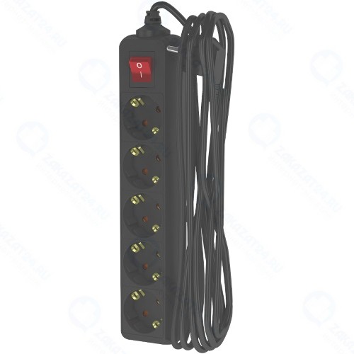 Удлинитель Фотон 16-55ЕS, 5 м, 5 розеток, заземление, черный (22731)