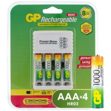 Зарядное устройство GP + аккумуляторы GP USB + 4 аккумулятора АA A(HR03) 1000mAh (GP 100AAAHC/CPB-2CR4)